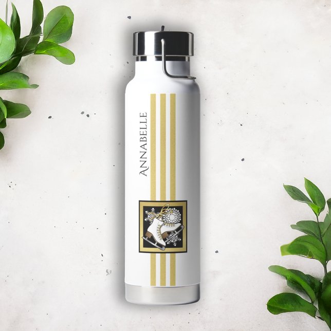 Personalised Gold Glitter Black White Ice Skating Water Bottle (Creator Uploaded)