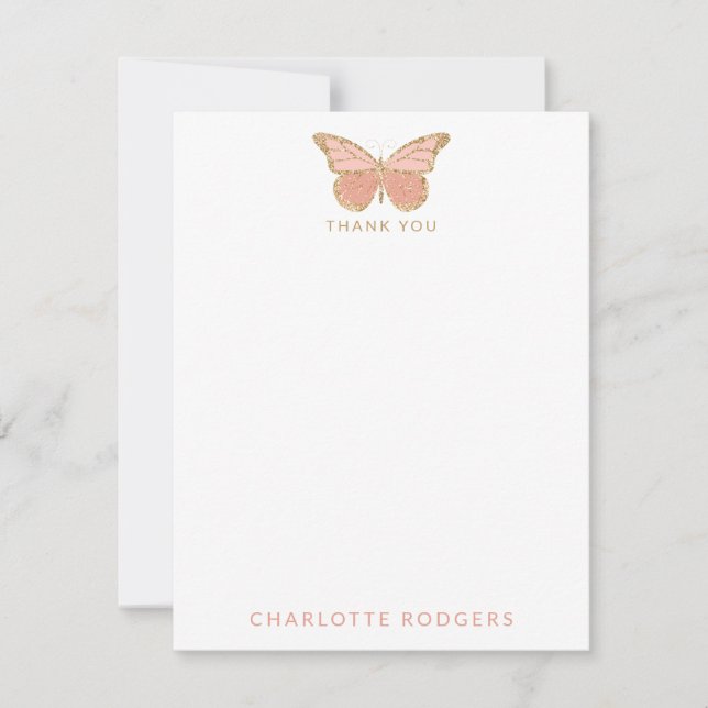Personalised Gold Glitter Blush Pink Butterfly  Thank You Card (Front)