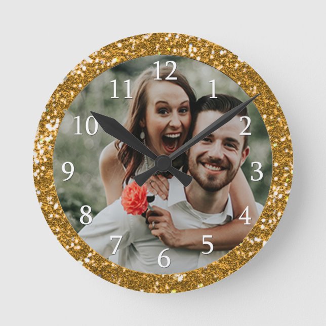 Personalised Gold Glitter Frame Photo Round Clock (Front)