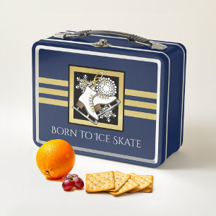 Personalised Gold Glitter Ice Skating Blue Metal Lunch Box
