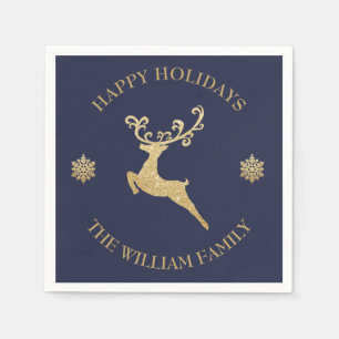 Personalised Gold Glitter Reindeer Happy Holiday Napkin