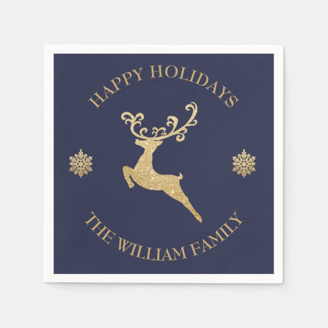 Personalised Gold Glitter Reindeer Happy Holiday Napkin (Front)