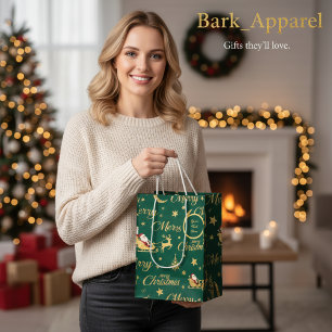 Personalised Gold Glitter Santa Sleigh & Reindeer  Medium Gift Bag