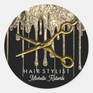 Personalised Gold Glitter Scissors Hair Salon Clas Classic Round Sticker
