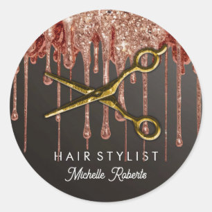 Personalised Gold Glitter Scissors Hair Salon Classic Round Sticker