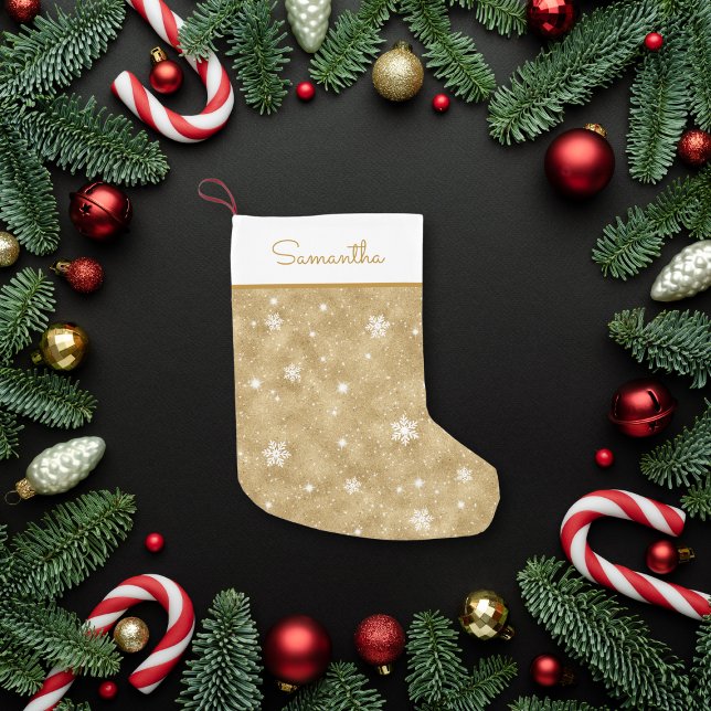 Personalised Gold Glitter Snowflakes Stars Pattern Small Christmas Stocking (Creator Uploaded)