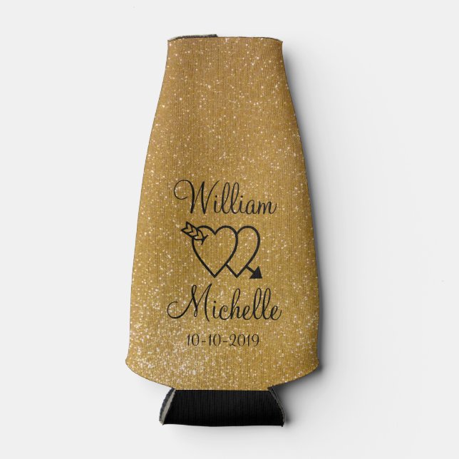 Personalised gold glitter wedding bottle cooler (Front)
