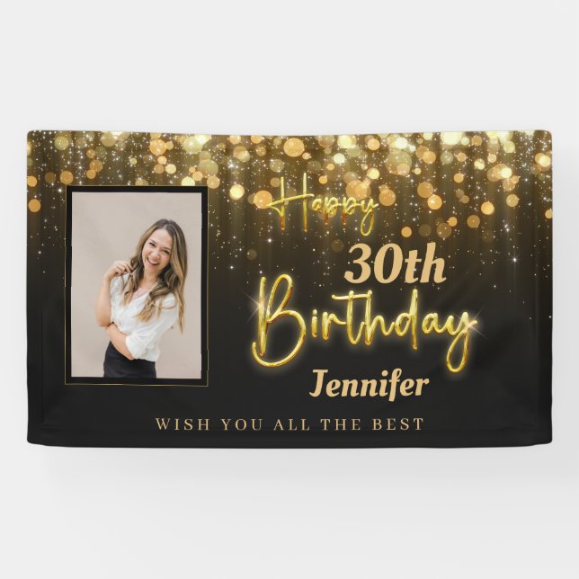 Personalised Gold Glossy Happy Birthday Black Banner (Horizontal)