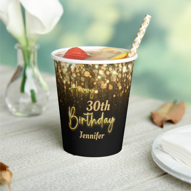 Personalised Gold Glossy Happy Birthday Black Paper Cups (Insitu)