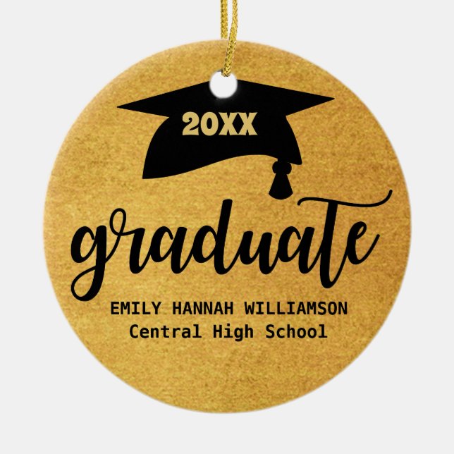 Personalised Gold Graduation Mortar Board Ceramic Tree Decoration (Front)