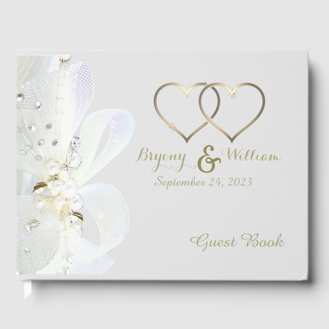 Personalised Gold Hearts Pearls And Lace Wedding Guest Book (Front)