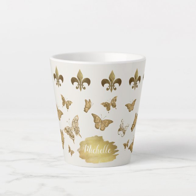 Personalised gold look Fleur de Lis Butterfly Mug (Front)