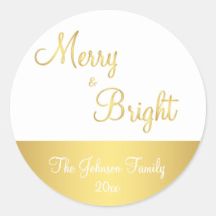 Personalised Gold Merry And Bright Round Stickers