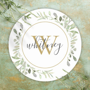 Personalised Gold Monogram Elegant Greenery Classic Round Sticker