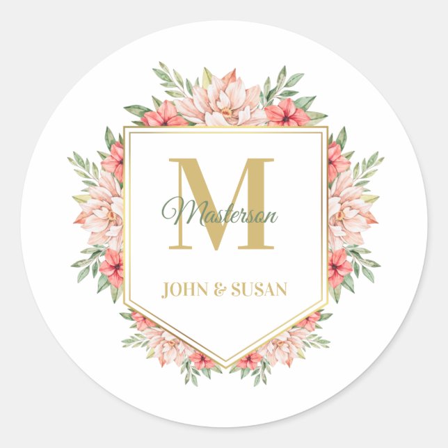 Personalised Gold Monogram Floral Frame  Classic Round Sticker (Front)