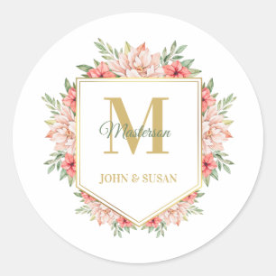 Personalised Gold Monogram Floral Frame  Classic Round Sticker