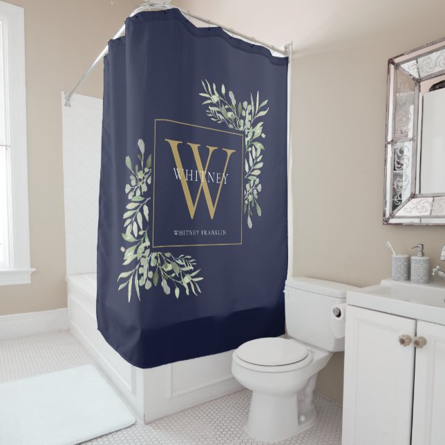 Personalised Gold Monogram Greenery Navy Blue Shower Curtain (In Situ)