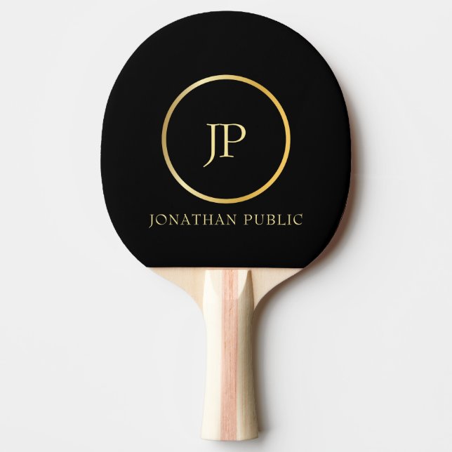 Personalised Gold Monogram Modern Elegant Black Ping Pong Paddle (Front)