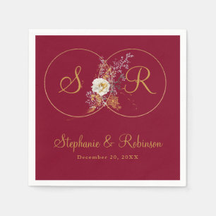 Personalised Gold Monogram On Burgundy Wedding Napkin