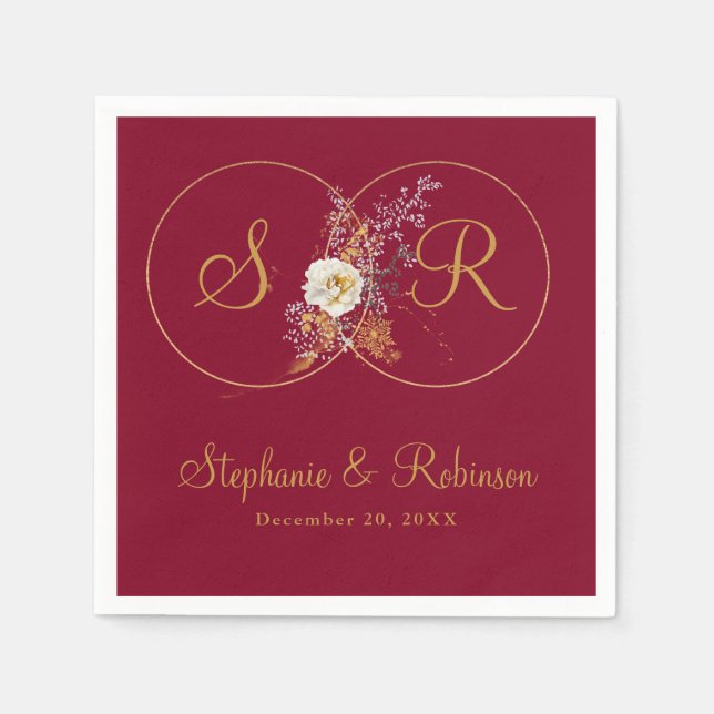Personalised Gold Monogram On Burgundy Wedding  Napkin (Front)