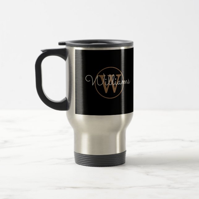 Personalised Gold Monogram Script Name Black Travel Mug (Left)