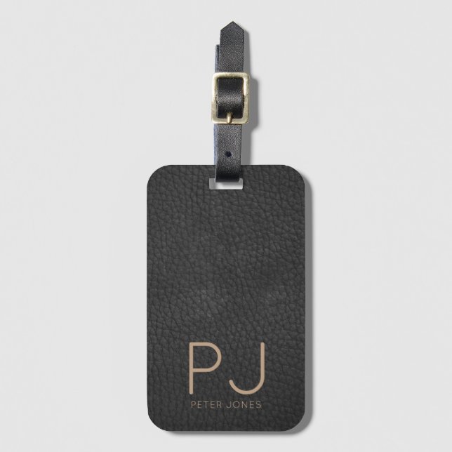 Personalised Gold Monogram Simple Black Leather Luggage Tag (Front Vertical)