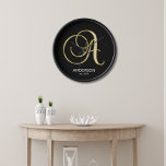 Personalised Gold Monogrammed Letter A Family Clock<br><div class="desc">Lovely gold letter 'A' family last name monogram design. It's a sleek and modern design that will look great in any room; kitchen,  living room,  office.. Very affordable! Editable template - add name or delete.  Perfect gift for any occasion!    See other letters ... .</div>