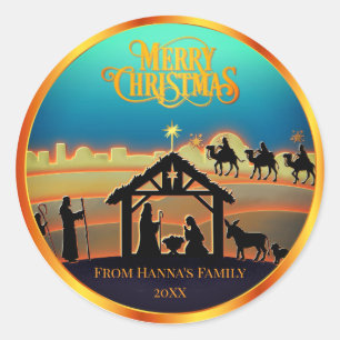 Personalised Gold Nativity "Merry Christmas" Classic Round Sticker