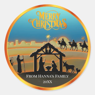 Personalised Gold Nativity "Merry Christmas" Classic Round Sticker