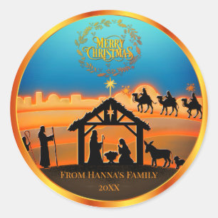 Personalised Gold Nativity "Merry Christmas" Classic Round Sticker