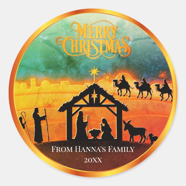 Personalised Gold Nativity "Merry Christmas" Classic Round Sticker (Front)