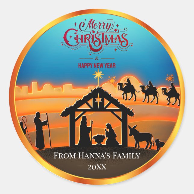 Personalised Gold Nativity "Merry Christmas" Classic Round Sticker (Front)