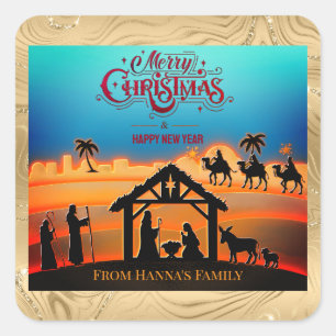 Personalised Gold Nativity "Merry Christmas" Square Sticker