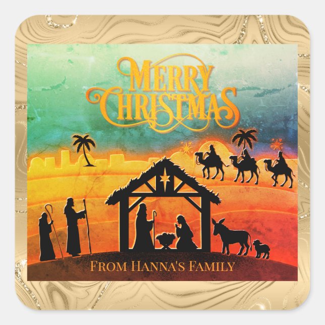 Personalised Gold Nativity "Merry Christmas" Square Sticker (Front)
