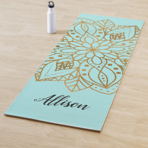 Personalised Gold Nature Mandala Turquoise Blue Yoga Mat