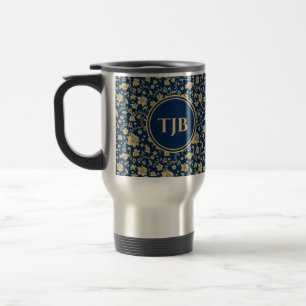 Personalised Gold Navy Floral Travel Mug