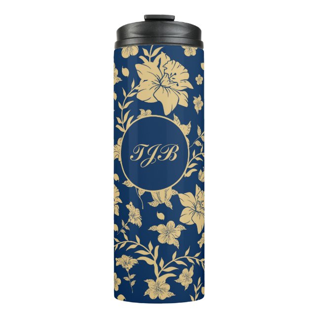 Personalised Gold Navy Floral Tumbler (Front)