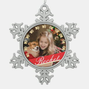 Personalised Gold Pet Paw Print & Red Ribbon Photo Snowflake Pewter Christmas Ornament