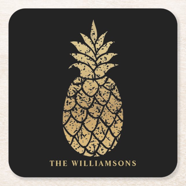 Personalised Gold Pineapple on Black Square Paper Coaster (Front)