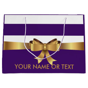 Personalised Gold, Purple Bold Stripes Golden BOW Large Gift Bag