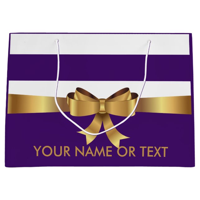 Personalised Gold, Purple Bold Stripes Golden BOW  Large Gift Bag (Front)