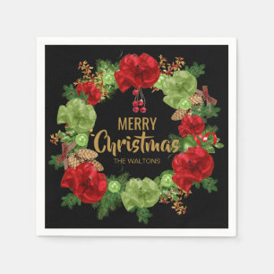 Personalised Gold Red Black Wreath Merry Christmas Napkin
