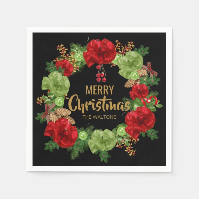 Personalised Gold Red Black Wreath Merry Christmas Napkin (Front)