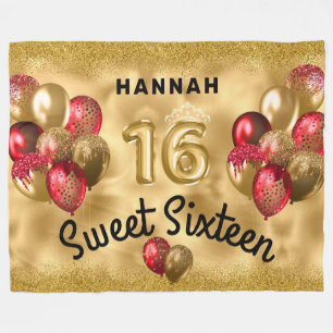 Personalised Gold Red Glitter Balloons Sweet 16 Fleece Blanket
