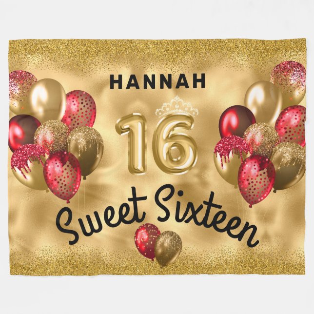Personalised Gold Red Glitter Balloons Sweet 16 Fleece Blanket (Front (Horizontal))