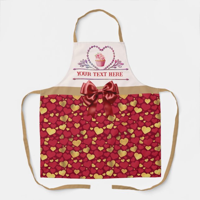 Personalised Gold, Red Hearts Valentine's Day Gift Apron (Front)