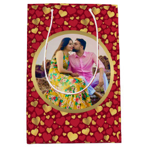 Personalised Gold, Red Hearts Valentine's Day Gift Medium Gift Bag