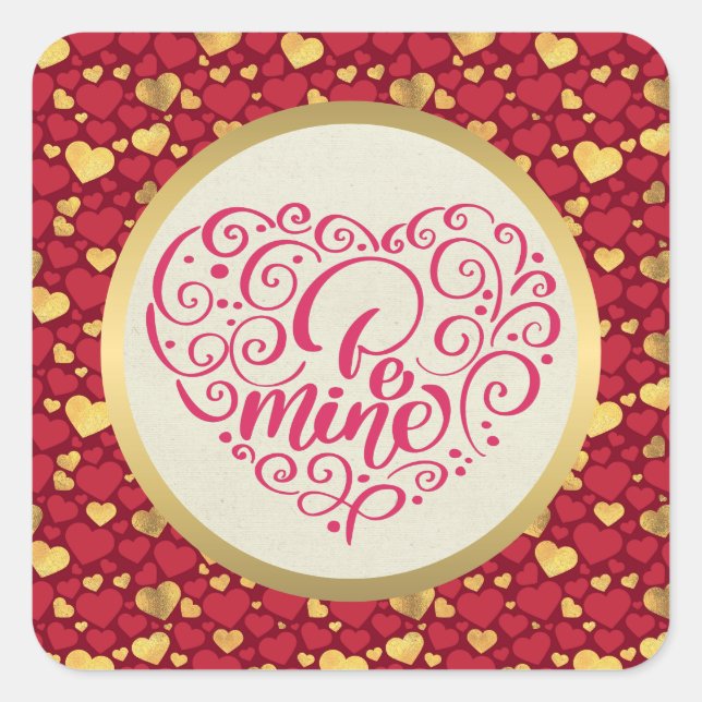 Personalised Gold, Red Hearts Valentine's Day Gift Square Sticker (Front)