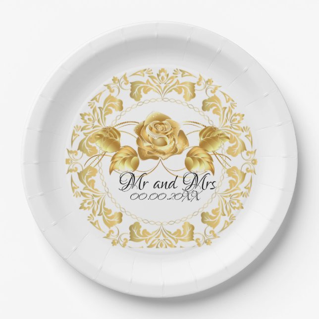 Personalised Gold Rose Wedding Paper Plates (Front)