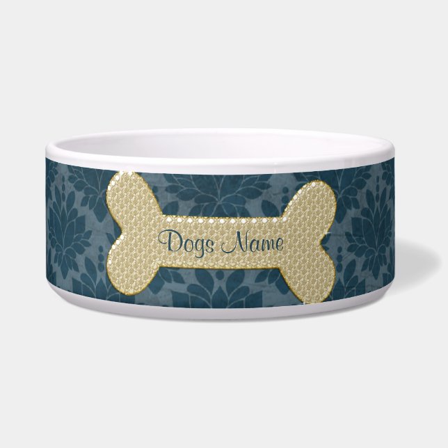 Personalised gold shiny dog bone pet food bowl (Front)